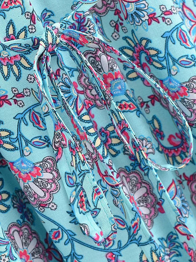 wickedafstore Vintage Chic Women Elegant Tassel Blue Floral Print Beach Bohemian Maxi Dresses Robe Ladies Rayon Cotton Boho Dress Vestidos