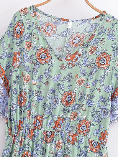 wickedafstore Vintage Chic Women Green Floral Print Short Sleeve Beach Bohemian Maxi Dress Ladies V-neck Rayon Cotton Summer Boho Dresses Robe