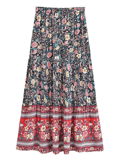 wickedafstore Vintage Chic Women Hippie Summer Tassel Elastic Waist Boho Skirt Black Floral Printed Rayon Beach Bohemian Pleated Maxi Skirts