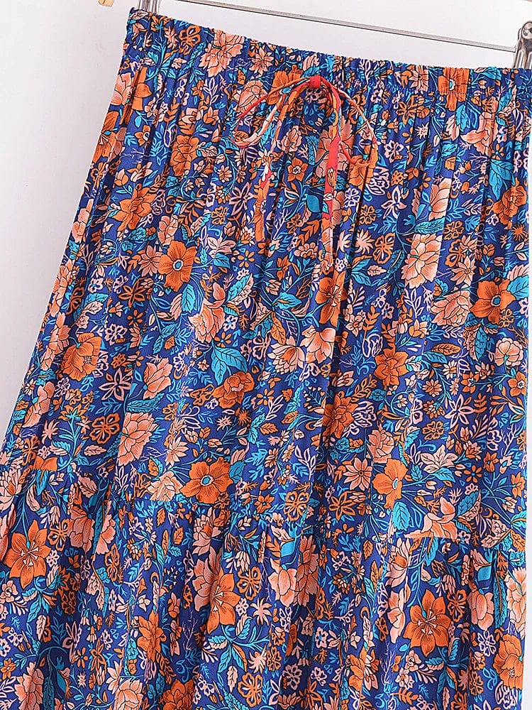wickedafstore Vintage Chic Women Hippie Summer Tassel Elastic Waist Boho Skirt Multi Floral Printed Rayon Beach Bohemian Pleated Maxi Skirts