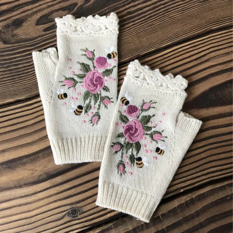 wickedafstore White / One Size Floral Embroidery Fingerless Gloves