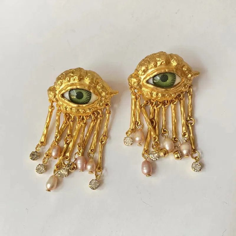 wickedafstore Women's Vintage Eye Earring Exaggerated Trendy Earrings Baroque Style Imitated Pearl Jewellery Delicate Tassels Jewelry