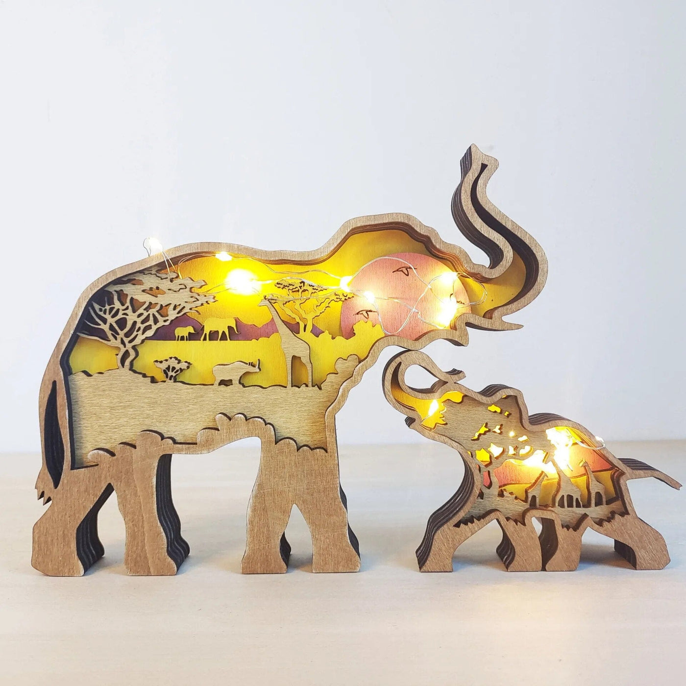 wickedafstore Wooden Elephant Figurine With LED Lights