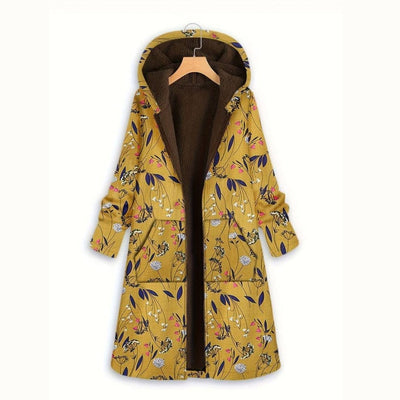 wickedafstore Yellow / S Fitshinling Print Floral Winter Women's Cold Coat Plush Warm Long Outerwear 2023 New In Fashion Long Hooded Jackets For Women