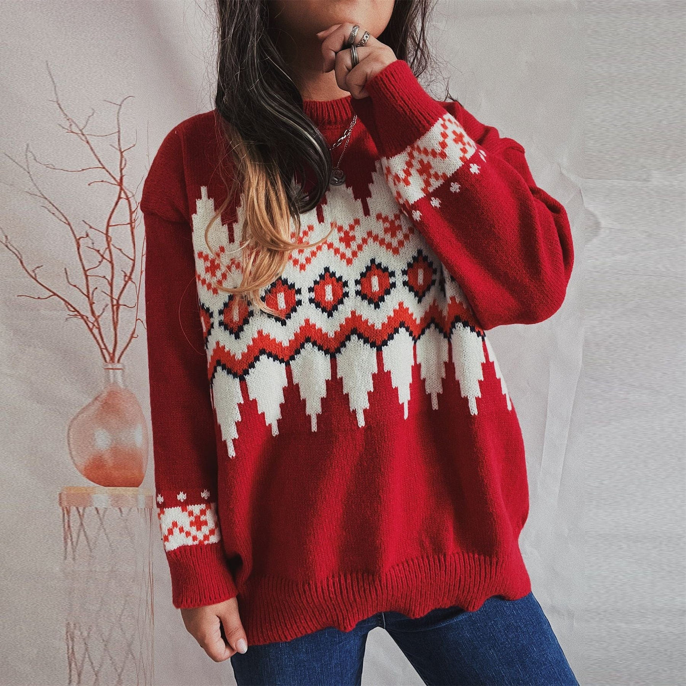 WindMind Autumn Winter Retro Hit Color Diamond Lattice round Neck Long Sleeve Loose Knitted Pullover Sweater