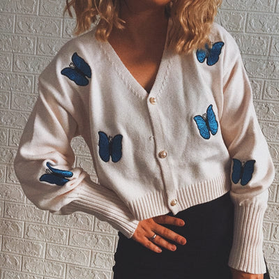 WindMind Autumn Winter Women Clothing Casual Short Butterfly Embroidered Lantern Sleeve Knitted Sweater Cardigan