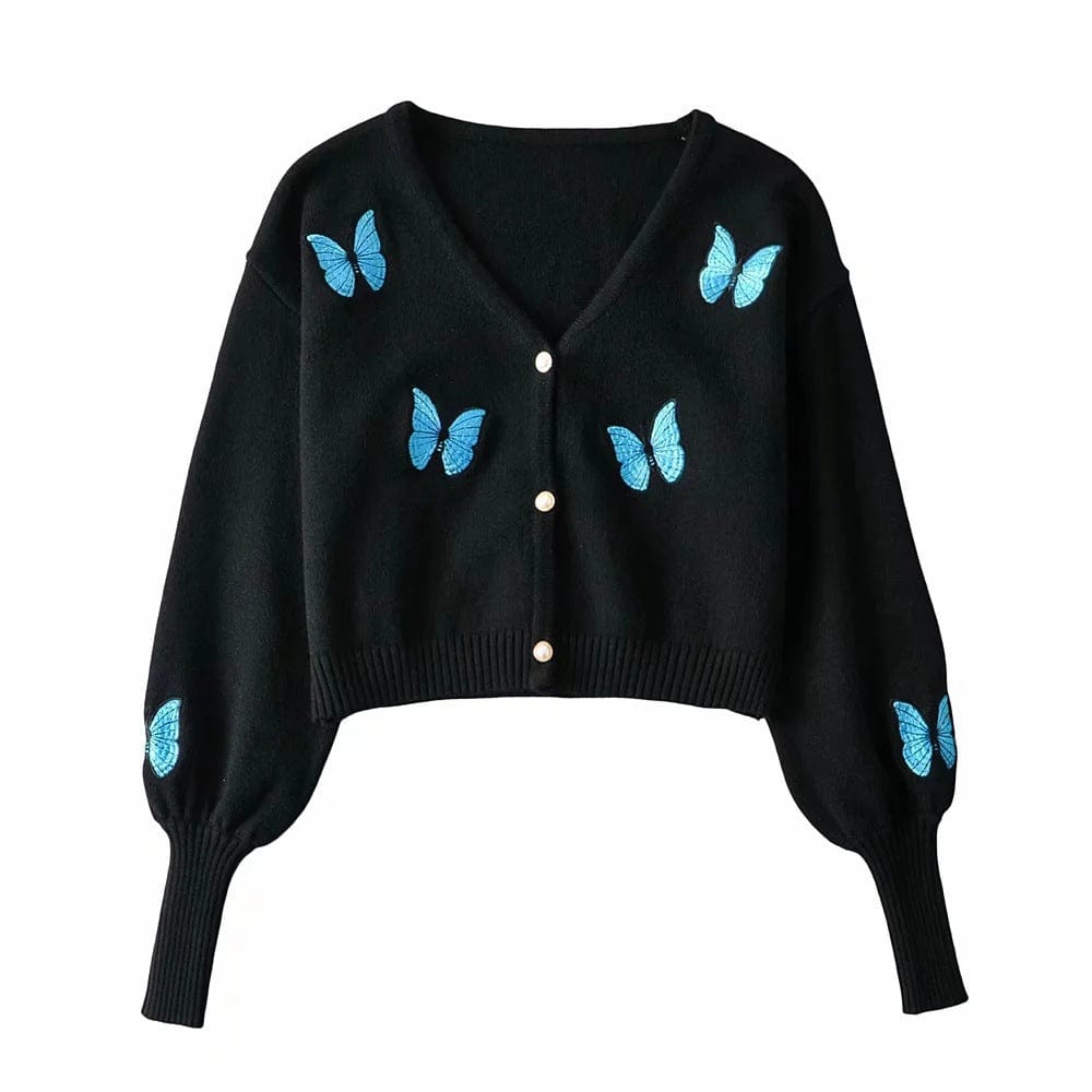 WindMind S / Black Autumn Winter Women Clothing Casual Short Butterfly Embroidered Lantern Sleeve Knitted Sweater Cardigan