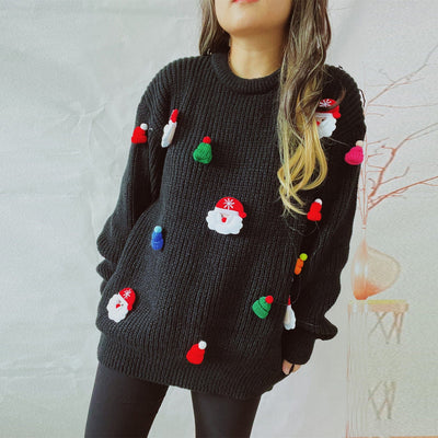 WindMind S / Black Embroidered Santa Pullover Sweater