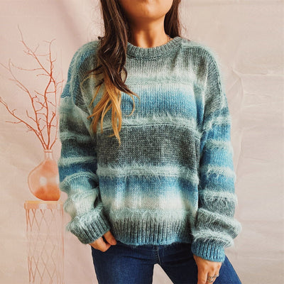 WindMind S / Blue Autumn Winter Loose Gradient Color Striped Imitation Marten Knitted Round Neck Long Sleeve Pullover Sweater for Women