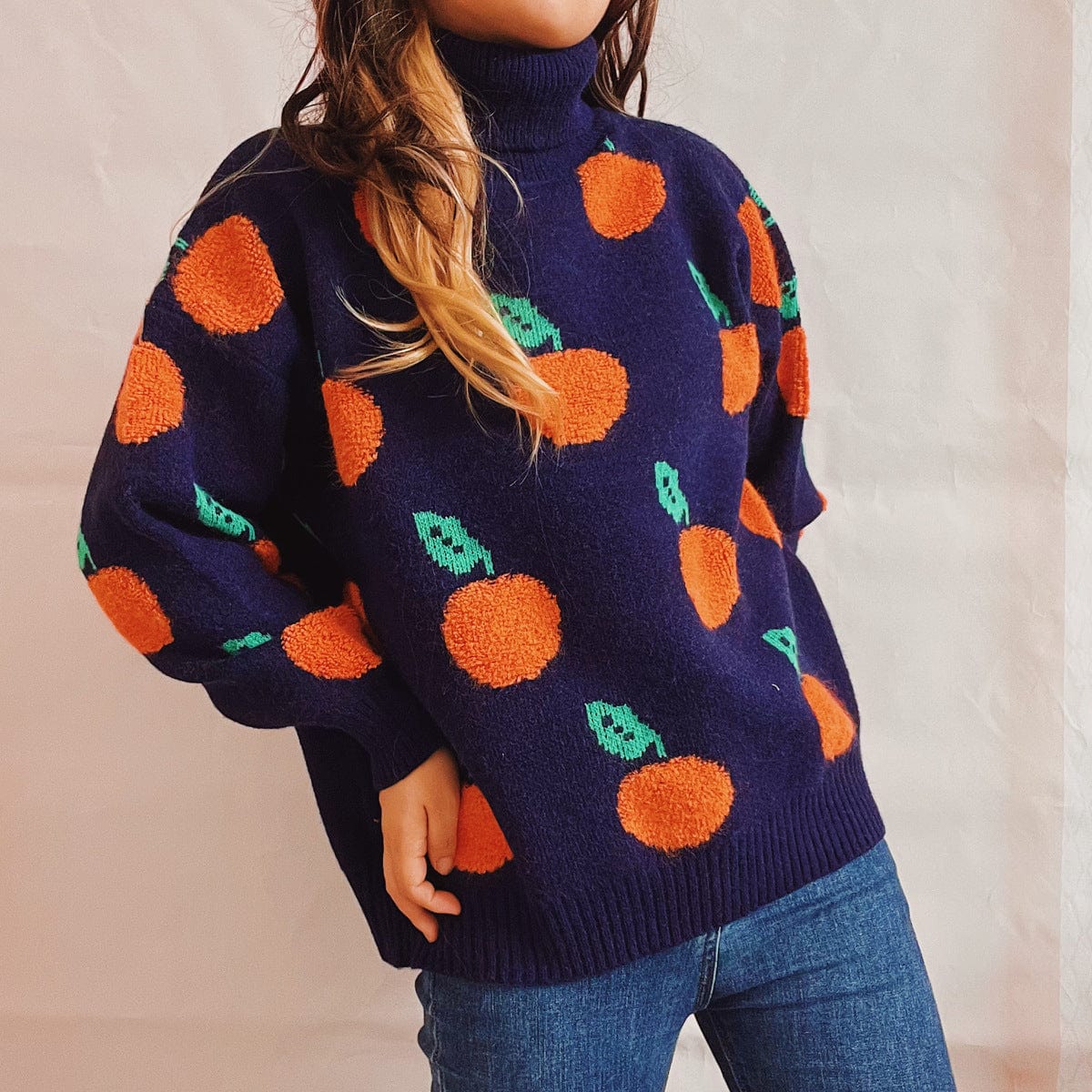 WindMind S / Navy Blue Women Clothing Casual Turtleneck Long-Sleeved Thickened Loose Orange Flocking Pullover Sweater