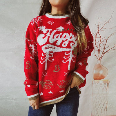 WindMind S / Red Autumn Winter round Neck Long Sleeve Contrast Color Letter Graphic Snowflake Christmas Sweaters Pullover