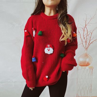 WindMind S / Red Sweater Cute Santa Claus Three Dimensional Decoration round Neck Long Sleeve Knitted Pullover