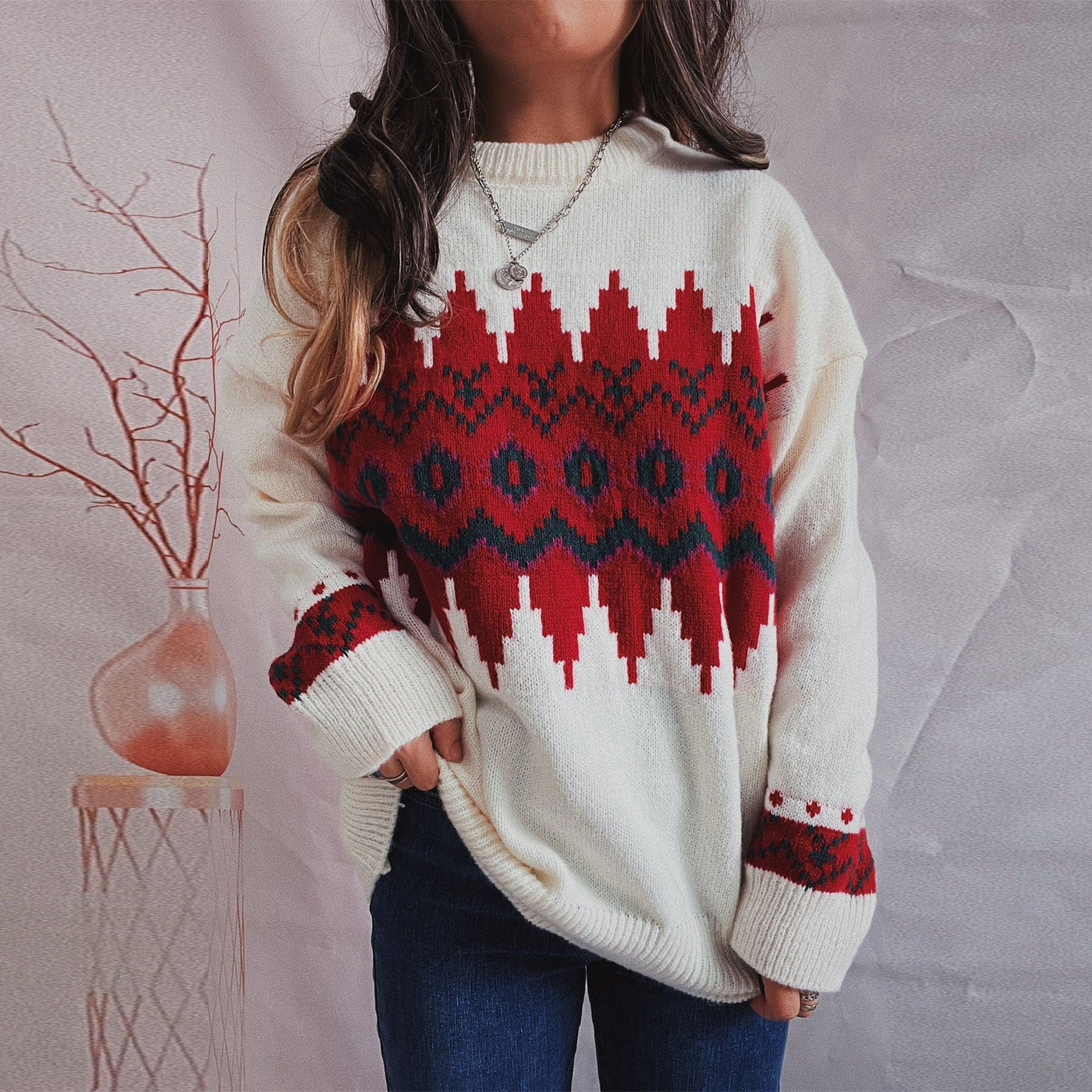 WindMind S / White Autumn Winter Retro Hit Color Diamond Lattice round Neck Long Sleeve Loose Knitted Pullover Sweater