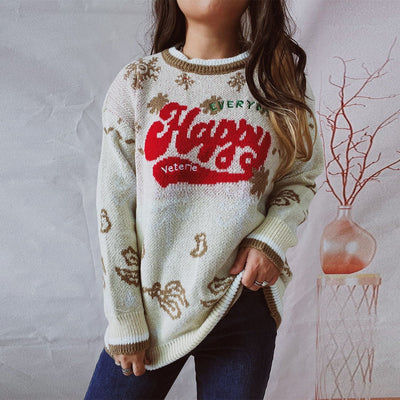 WindMind S / White Autumn Winter round Neck Long Sleeve Contrast Color Letter Graphic Snowflake Christmas Sweaters Pullover