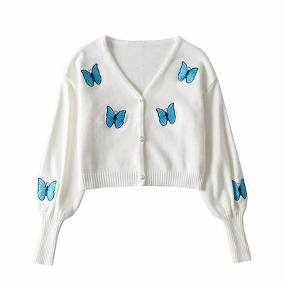 WindMind S / White Autumn Winter Women Clothing Casual Short Butterfly Embroidered Lantern Sleeve Knitted Sweater Cardigan
