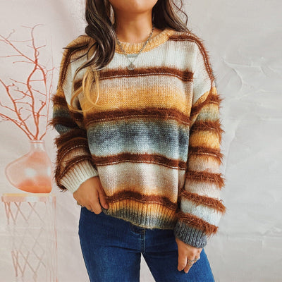 WindMind S / Yellow Autumn Winter Loose Gradient Color Striped Imitation Marten Knitted Round Neck Long Sleeve Pullover Sweater for Women