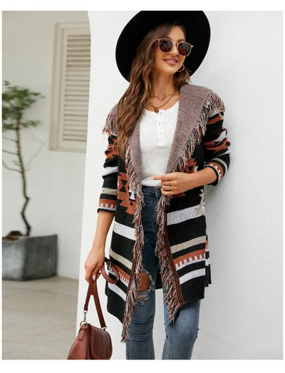 YINHAN Autumn Winter Sweater Tassel Hooded Knit Cardigan Geometric Abstract Jacquard Long Sweater Coat