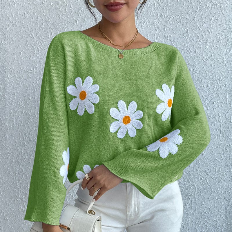 YINHAN S / Light Green Embroidered Daisies Sweater