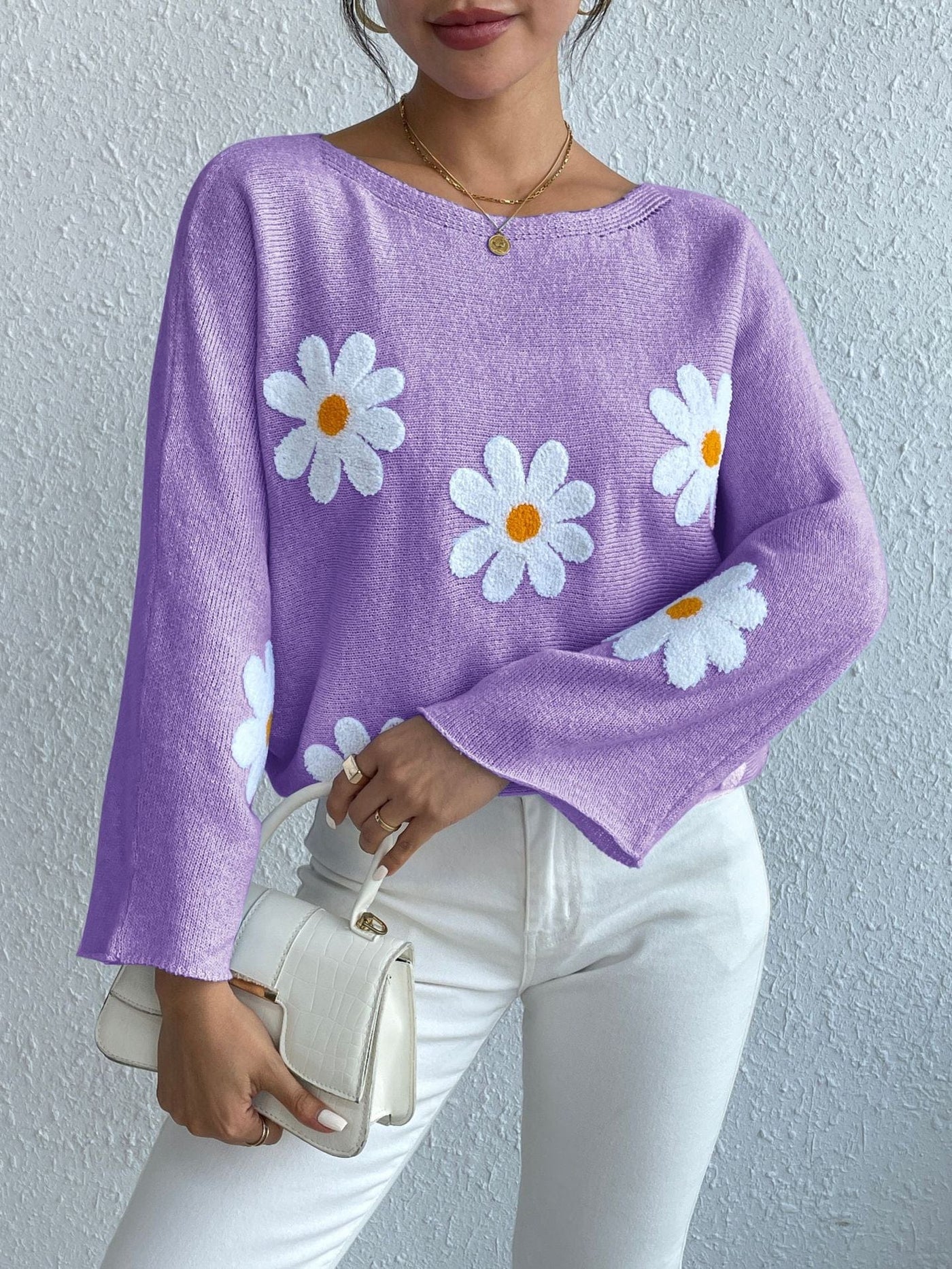 YINHAN S / Purple Embroidered Daisies Sweater