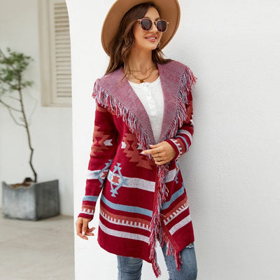 YINHAN S / Red Autumn Winter Sweater Tassel Hooded Knit Cardigan Geometric Abstract Jacquard Long Sweater Coat