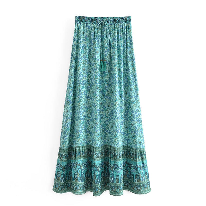 YiPin S / Blue Bohemian Vacation Rayon Positioning Printing Tassel Tied Elastic Waist Big Hem Skirt