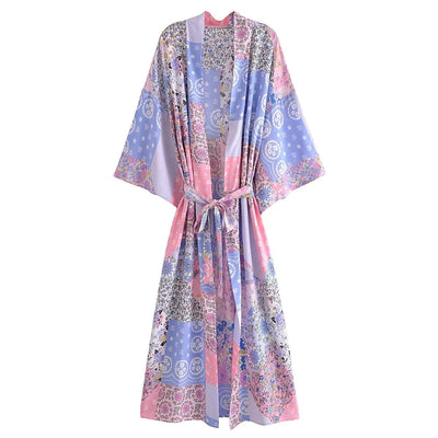 YiPin S / Multi-1 Bohemian Spring Vacation Women Turquoise Positioning Printing Lace up Rayon Kimono Women