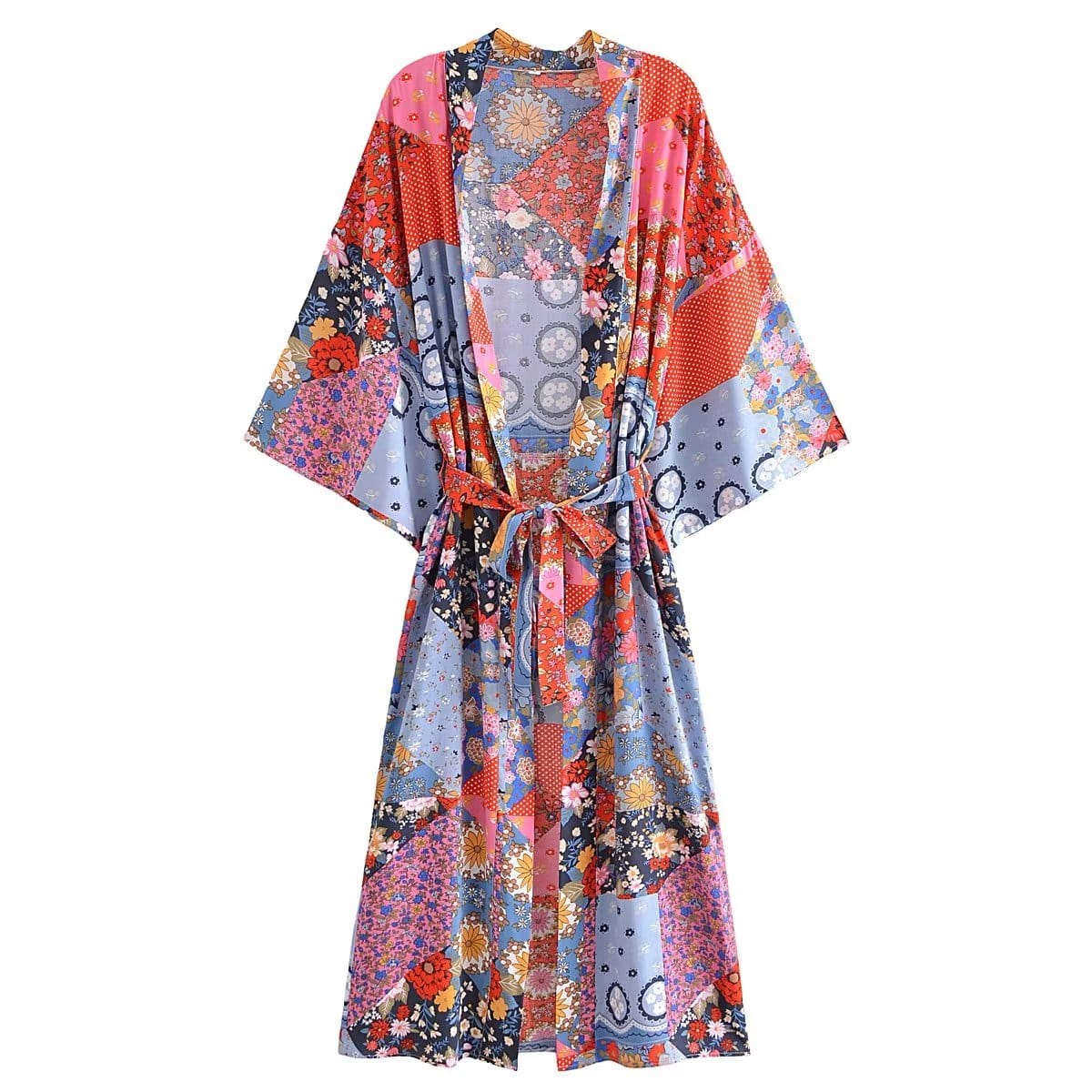 YiPin S / Multi-2 Bohemian Spring Vacation Women Turquoise Positioning Printing Lace up Rayon Kimono Women