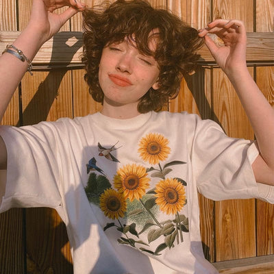 Ceila Sunflower Flying Bird Printed T shirt Women Trendy Street Casual Women T shirt Summer Student Campus Top