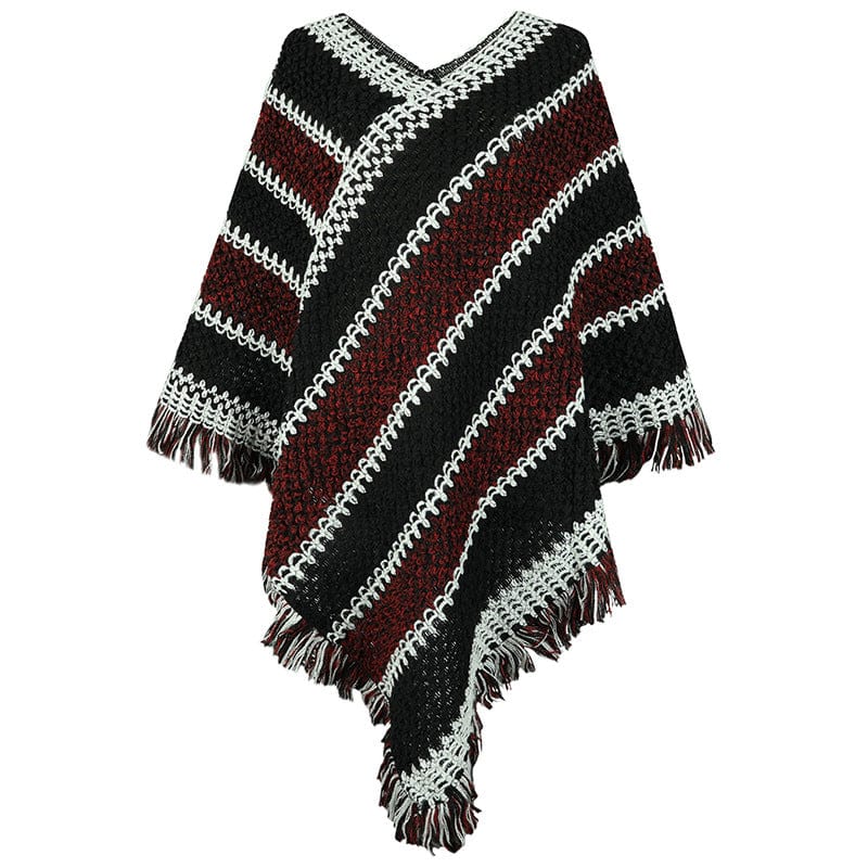 DRAZZLE One Size / Black Autumn Winter Contrast Color Striped Ethnic Tassel Pullover Cloak Shawl Women