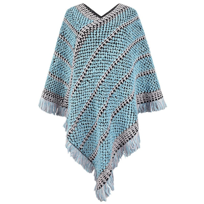 DRAZZLE One Size / Blue Autumn Winter Contrast Color Striped Ethnic Tassel Pullover Cloak Shawl Women
