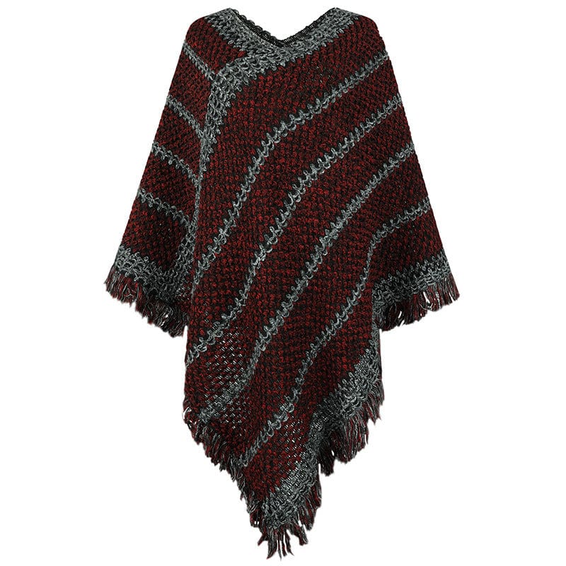 DRAZZLE One Size / Burgundy Autumn Winter Contrast Color Striped Ethnic Tassel Pullover Cloak Shawl Women