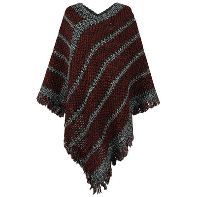 DRAZZLE One Size / Burgundy Autumn Winter Contrast Color Striped Ethnic Tassel Pullover Cloak Shawl Women
