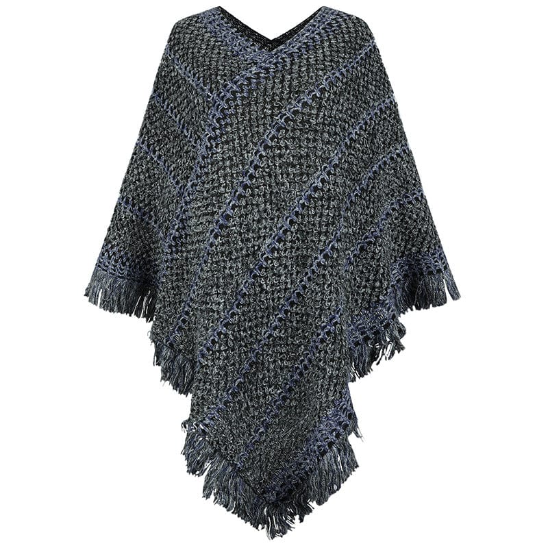 DRAZZLE One Size / Dark Grey Autumn Winter Contrast Color Striped Ethnic Tassel Pullover Cloak Shawl Women