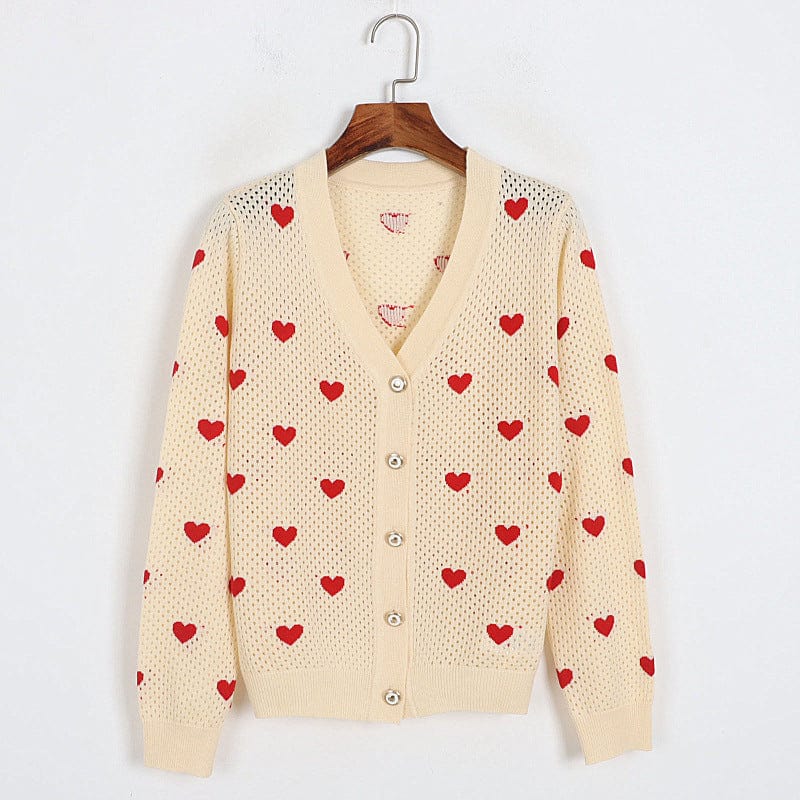 Gracess Early Autumn Knitted Heart Knitted Cardigan Outer Wear V neck Hollow Out Crochet Sweet Princess Sweater for Women