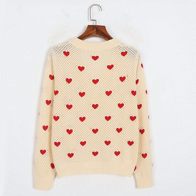 Gracess Early Autumn Knitted Heart Knitted Cardigan Outer Wear V neck Hollow Out Crochet Sweet Princess Sweater for Women