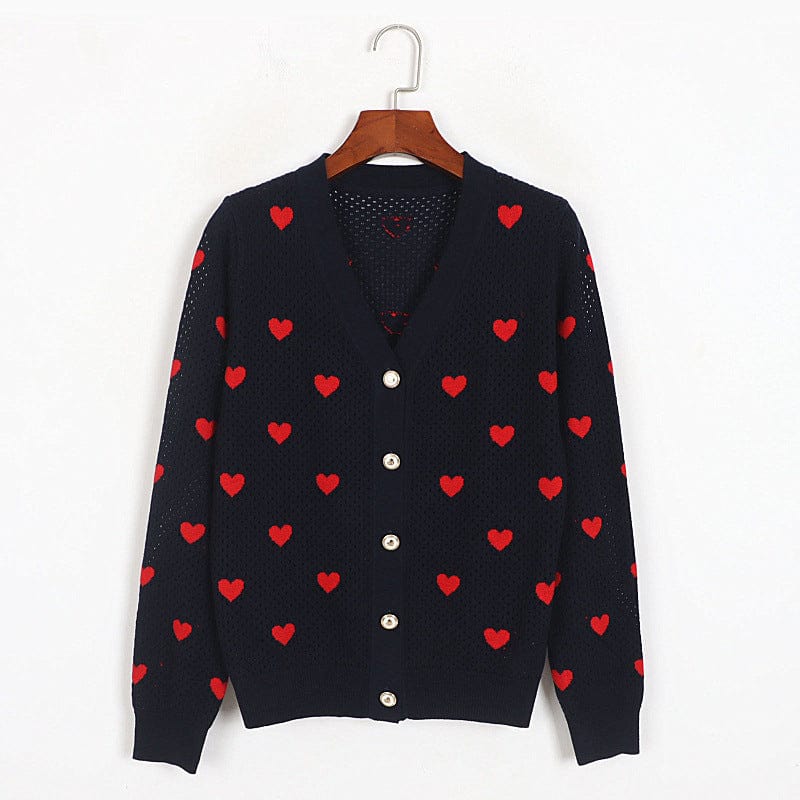 Gracess Early Autumn Knitted Heart Knitted Cardigan Outer Wear V neck Hollow Out Crochet Sweet Princess Sweater for Women