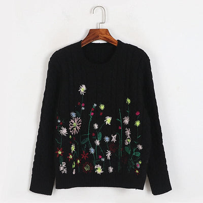 Gracess One Size / Black Colorful Embroidery Floral Cable-Knit  Thick Autumn Winter Women  Sweet Knitted Sweater