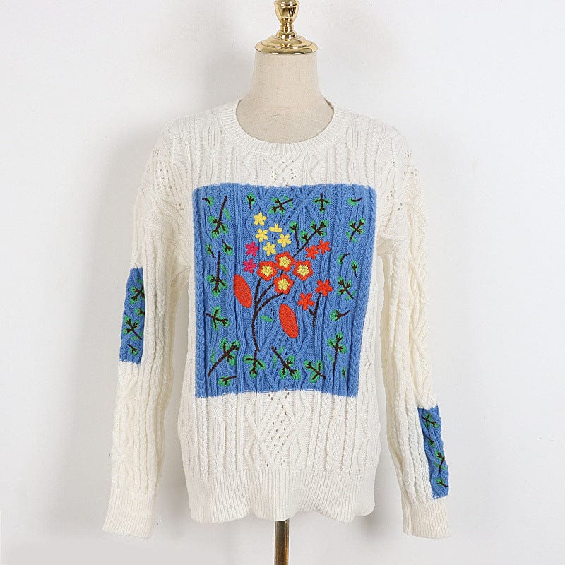 Gracess One Size / White Twist Round Neck Thick Sweater Women Early Autumn Heavy Embroidery Diamond Hollow Out Loose Knitted