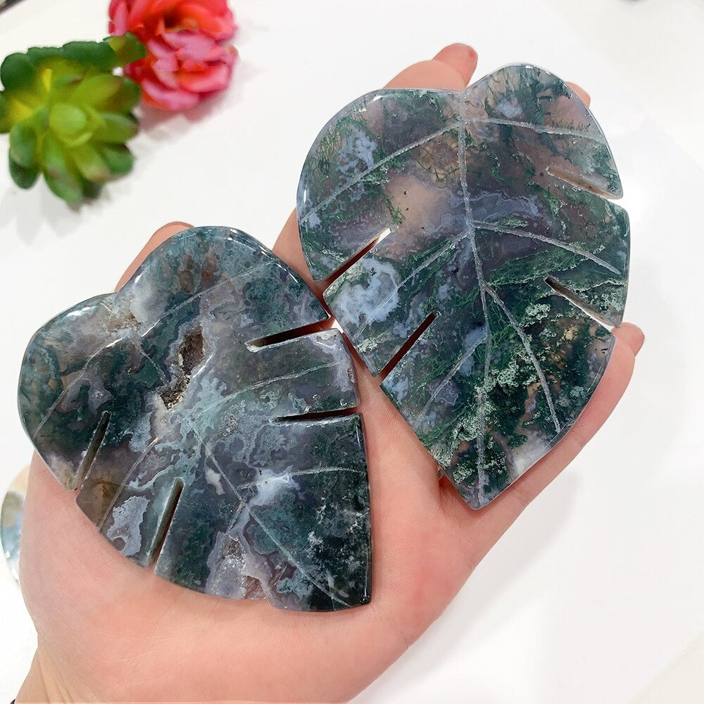 Moss Agate Leaf Shaped Crystal Carving - wickedafstore