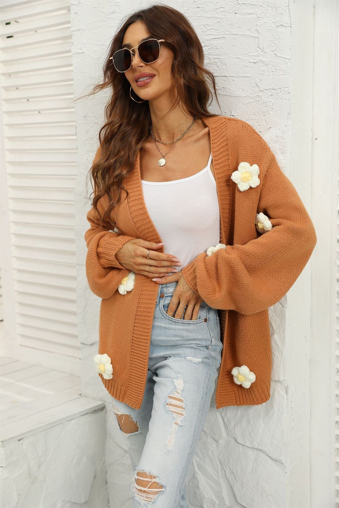 PettiCloth S / camel Winter Clothes Women Clothes Floral Cardigan Lantern Sleeve Sweater Coat Women