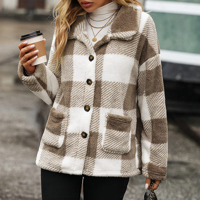 Shine Life S / Light Brown Autumn Winter Women Collared Long Sleeve Mid Length Plaid Single Breasted Plush Casual Jacket
