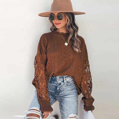 SHINTWO S / Brown Cutout Floral Long Sleeved Sweater Women Loose round Neck Pullover Top