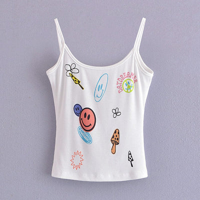 TinkleBell S / White Cute Smiley Face Summer New Short Strap Slim Printed High Elastic Short Small Tank Top Graphic Smiley Face