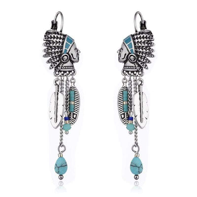 WickedAF Ancient Silver Blue Indian Figurine Tassel Earrings