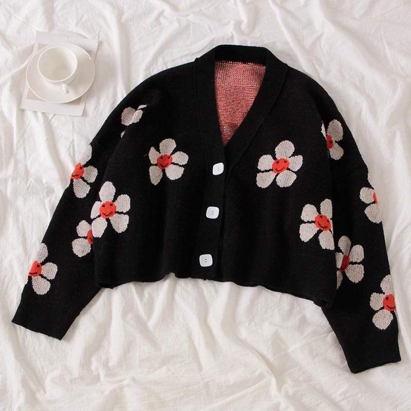 WickedAF Black / One Size Floral Cropped Cardigan