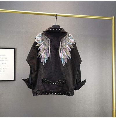 WickedAF Black Wings Embroidered Denim Jacket