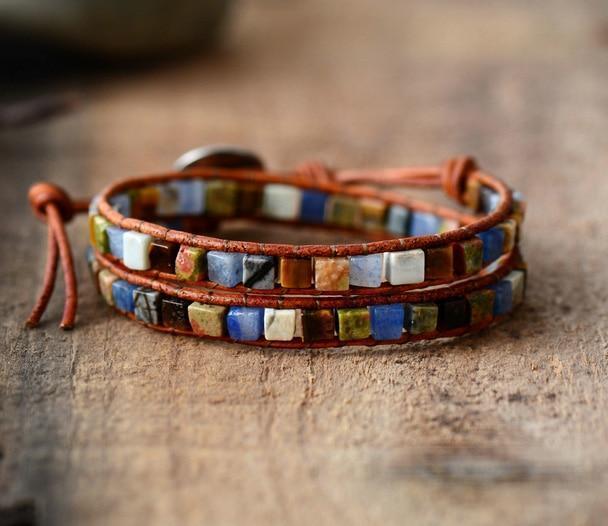 Natural Jasper Stone Leather Bracelet - 6 Colors - wickedafstore