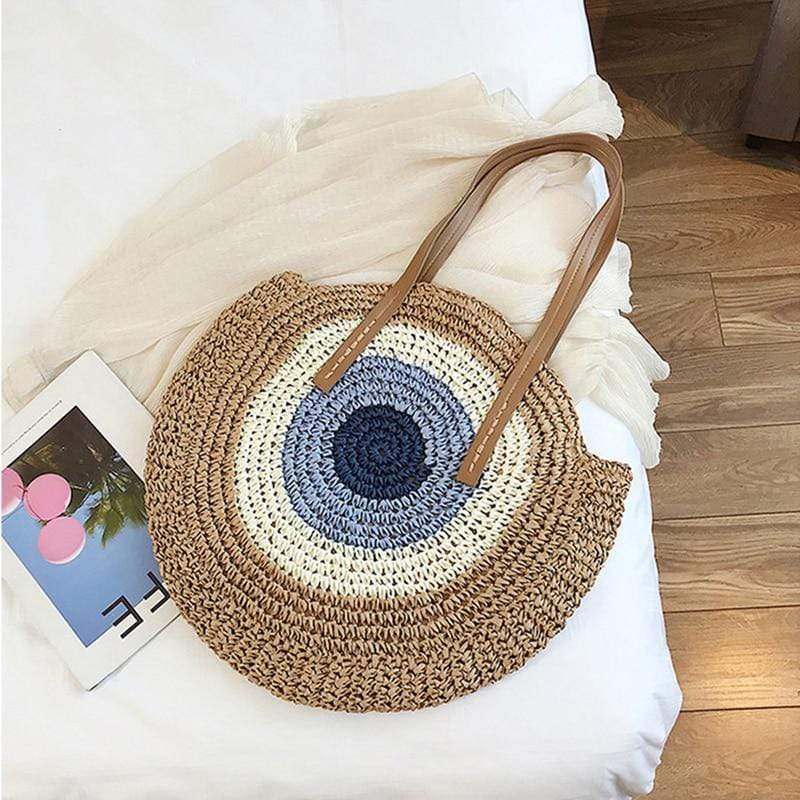 WickedAF brown Bohemian Straw Bag with Faux Leather Straps