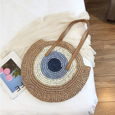WickedAF brown Bohemian Straw Bag with Faux Leather Straps