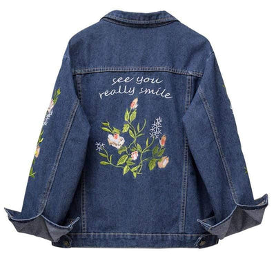 WickedAF Evane Floral Embroidery Denim Jacket Blue / M